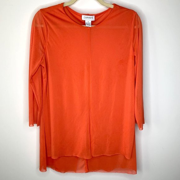 CARMEN MARC VALVO Orange‎ Sheer Mid Sleeve Blouse Sz M - Picture 1 of 10
